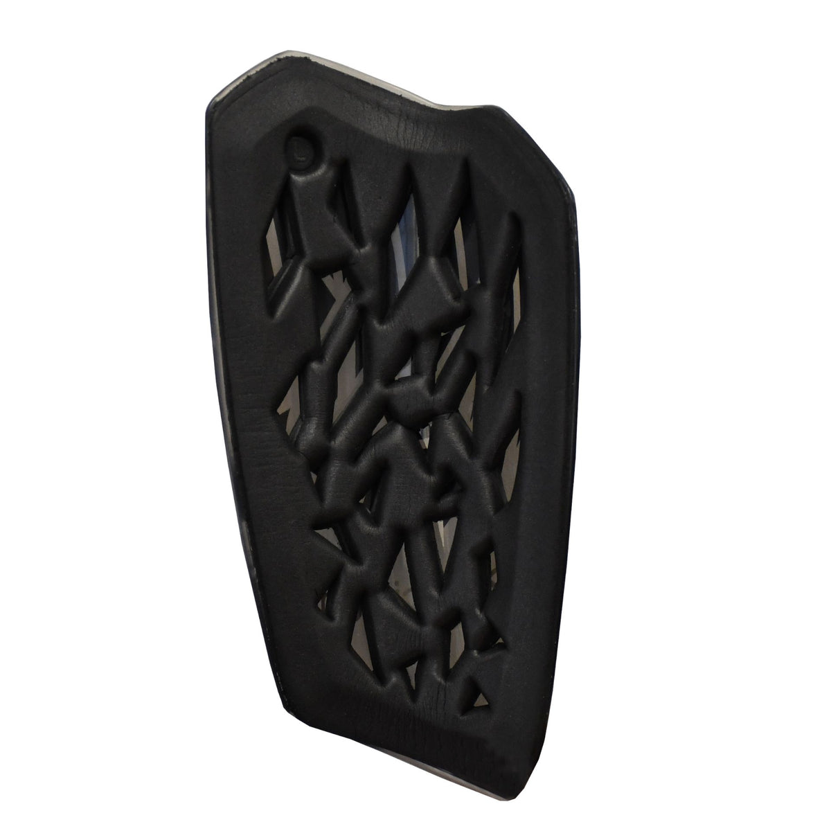 The Precision Training Precision Pro Fusion Flex Shin Guards feature a black, shield-shaped design with geometric cut-out patterns, delivering elite protection and flexibility; shown isolated on a white background.
