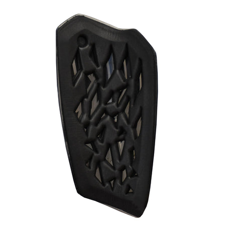 The Precision Training Precision Pro Fusion Flex Shin Guards feature a black, shield-shaped design with geometric cut-out patterns, delivering elite protection and flexibility; shown isolated on a white background.