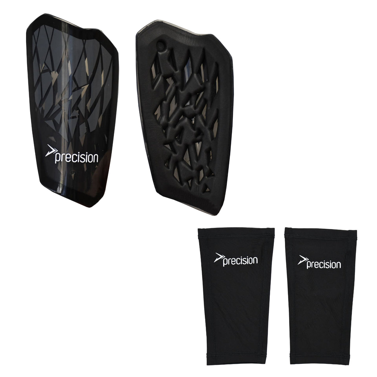 The Precision Pro Fusion Flex Shin Guards by Precision Training include two black flexible guards with a geometric pattern, front and back view, plus two black fabric sleeves—all featuring "precision" branding for elite protection.