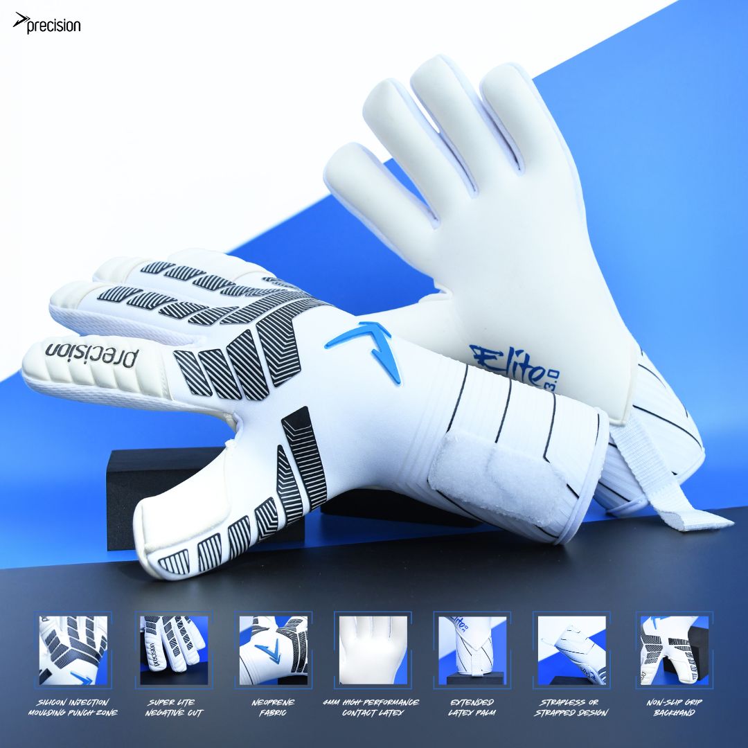 The Martin Berrill Sports Precision Elite 3.0 Contact Goalkeeper Gloves, in white and black with blue accents, are shown on a blue and white background. Icons below showcase features like superior grip, reinforced palms, and finger protection.
