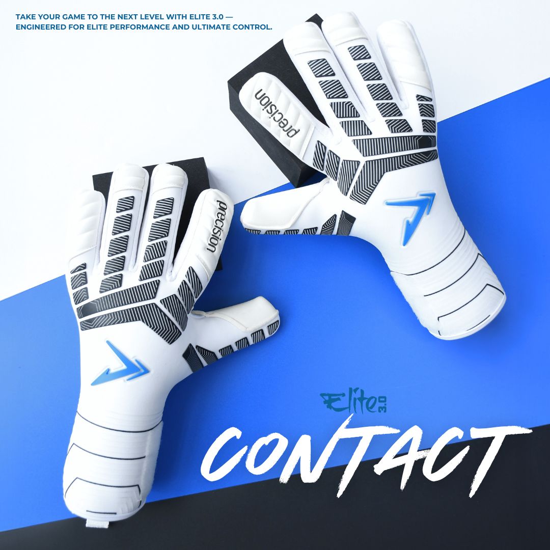 Martin Berrill Sports Precision Elite 3.0 Contact Goalkeeper Gloves in white and blue are shown on a blue and white background with the slogan “Take your game to the next level with unmatched grip from Elite 3.0.”.