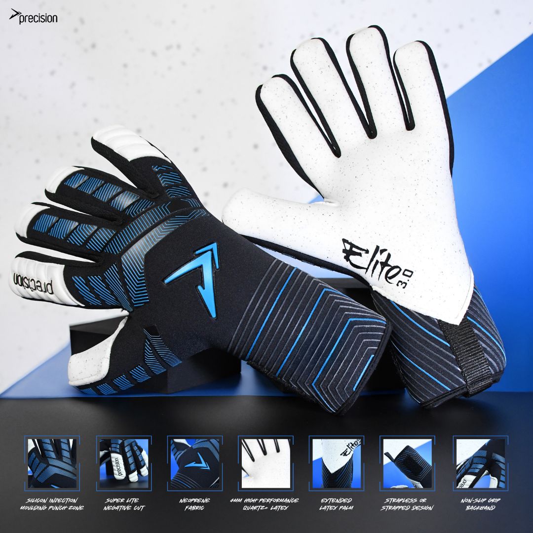 A pair of Precision Training Precision Elite 3.0 Quartz Goalkeeper Gloves, black and blue, is displayed—one palm up to show white latex with black speckles for grip, the other palm down. Icons below highlight key glove features.
