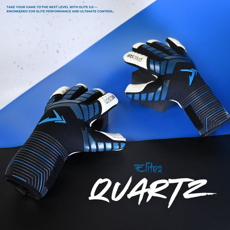 A pair of Precision Training Elite 3.0 Quartz Goalkeeper Gloves in black and blue with white fingertips rest on a matching background. "Maximum grip and control" is highlighted at the top, with the Precision Elite Quartz logo below.