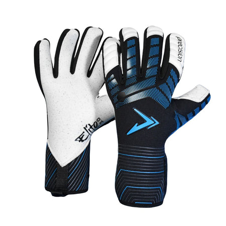 The Precision Training Elite 3.0 Quartz Goalkeeper Gloves feature a white palm with black speckles and branding for superior grip, plus a black and blue patterned back with a blue geometric logo and "FUSION" text near the wrist.