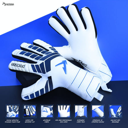 A pair of Precision Training Precision Elite 3.0 Giga Goalkeeper Gloves in white and blue is shown on a blue and black background, with six icons below highlighting durability, elite grip, fit, protection, strap design, and palm grip.