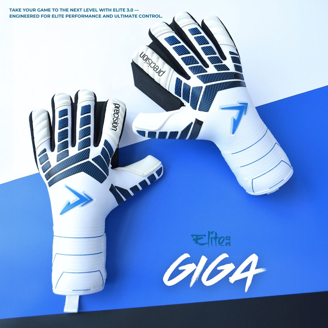 A pair of Precision Training Elite 3.0 Giga Goalkeeper Gloves in white and blue with elite grip, featuring the Precision logo and a blue arrow, displayed on a blue and white background with GIGA branding and promotional slogans above.