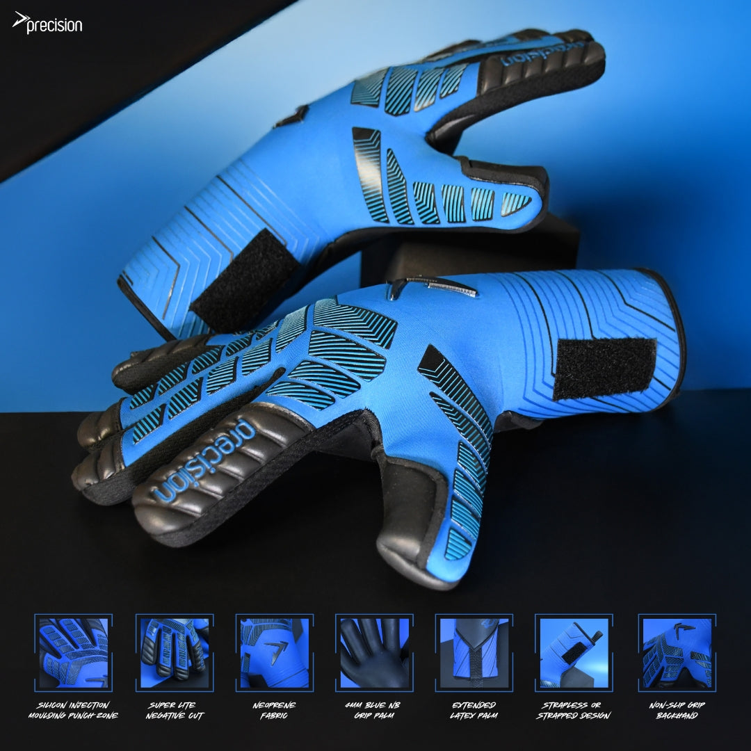 The Precision Training Precision Elite 3.0 Grip Goalkeeper Gloves in blue and black are shown on a matching background, with icons highlighting elite grip, lightweight build, hybrid cut, strapless wrist, and extended latex palm.