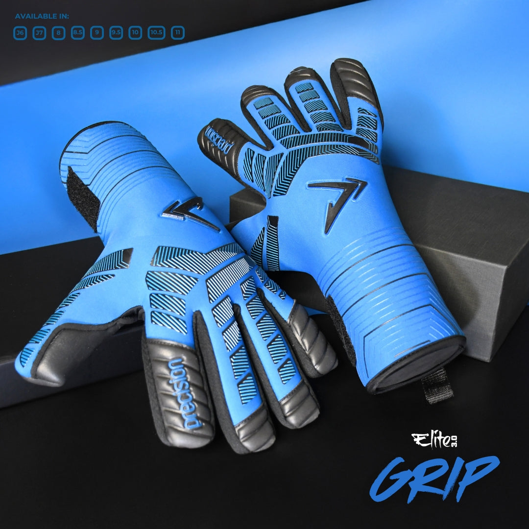 A pair of blue and black Precision Training Precision Elite 3.0 Grip Goalkeeper Gloves with geometric patterns, displayed palm up and palm down on a black box against a matching background. The word “GRIP.” emphasizes their elite hold.