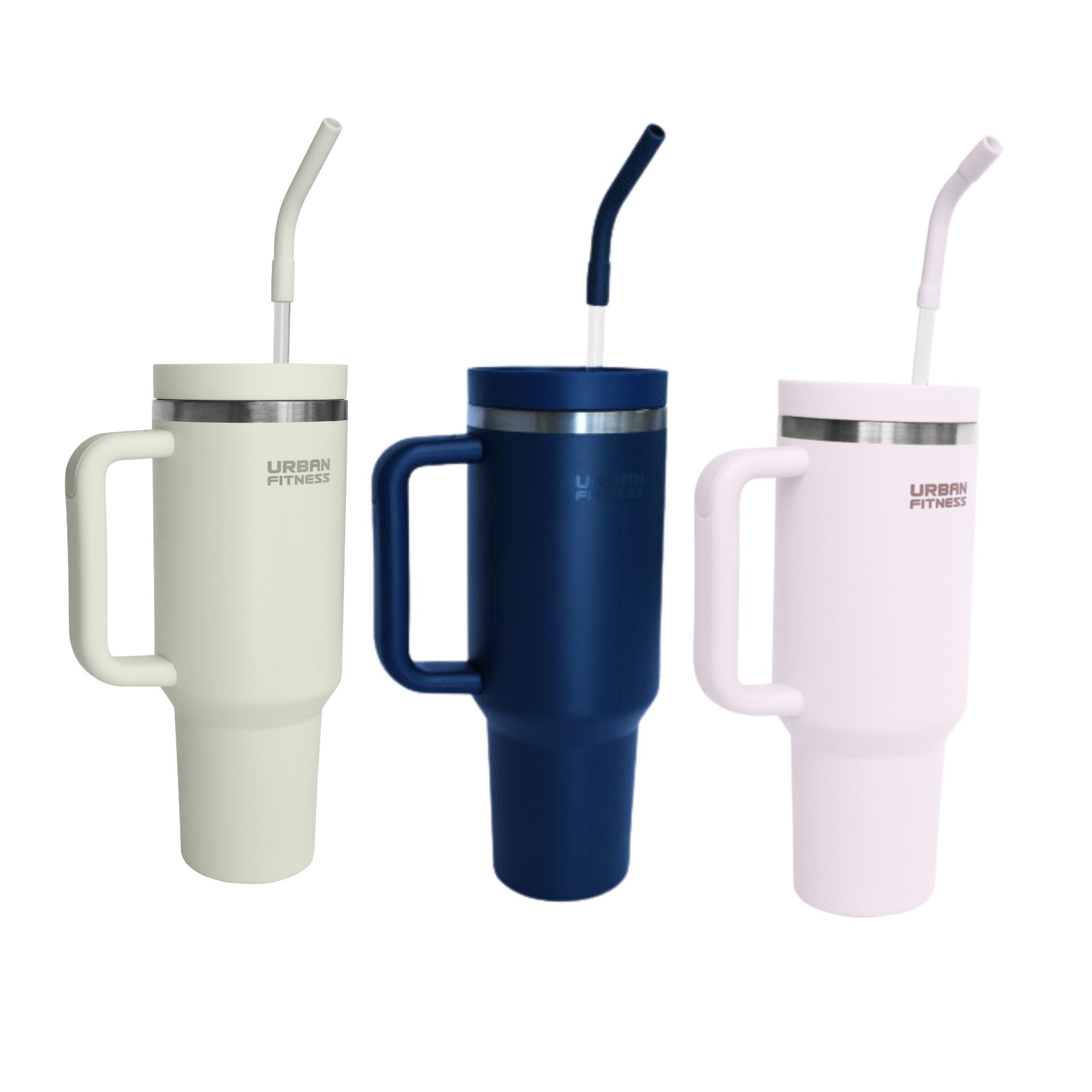 Three tall Urban Fitness VitalSip V2 Bottles with handles, each featuring a lid and bent straw in white, dark blue, and light pink, are arranged side by side on a white background.