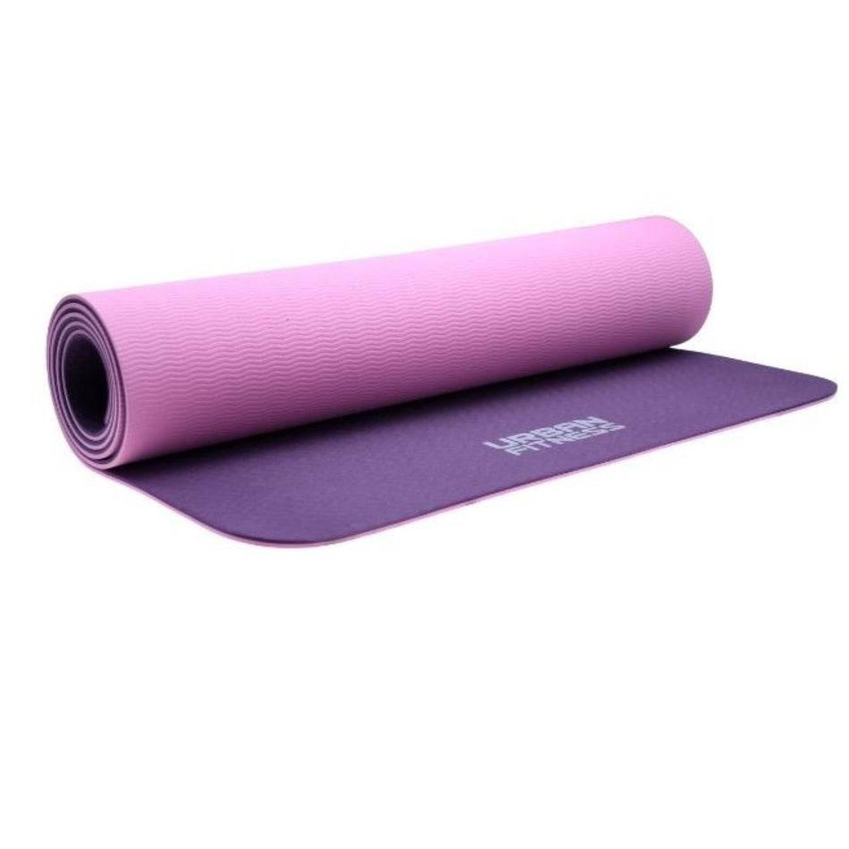 The Urban Fitness 6mm Yoga Mat by Urban Fitness is an eco-friendly, purple TPE mat, shown partially unrolled to display its vibrant color.