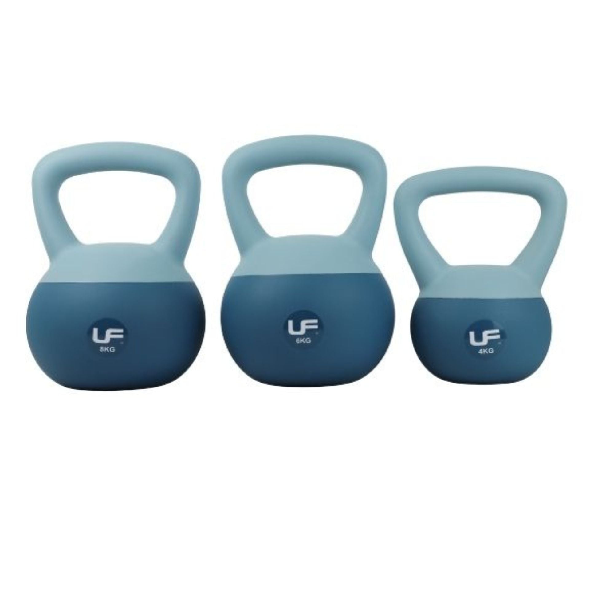 Three Urban Fitness Dual Soft Kettlebells in blue, labeled 8kg, 6kg, and 4kg from left to right, are shown side by side. Each features a wide handle—ideal for functional training and home workouts. Brand: Urban Fitness.