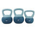 Three Urban Fitness Dual Soft Kettlebells in blue, labeled 8kg, 6kg, and 4kg from left to right, are shown side by side. Each features a wide handle—ideal for functional training and home workouts. Brand: Urban Fitness.