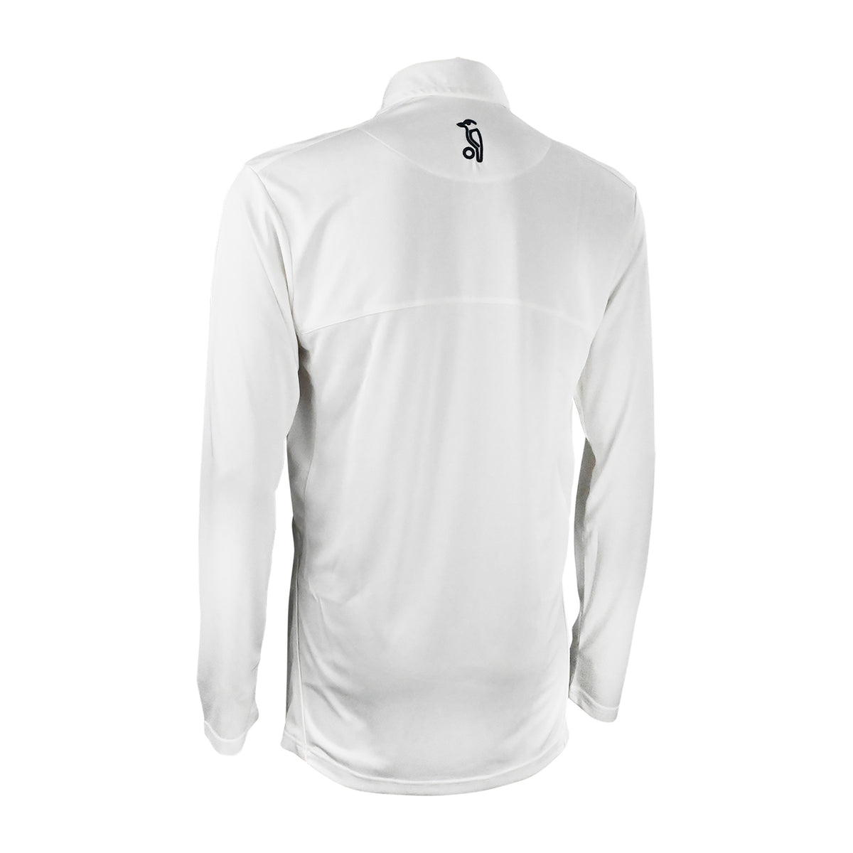 The Kookaburra Pro Player Long Sleeve Shirt by Kookaburra is a white, performance-fit top with a small black logo beneath the back collar, made from smooth, moisture-wicking fabric for comfort.