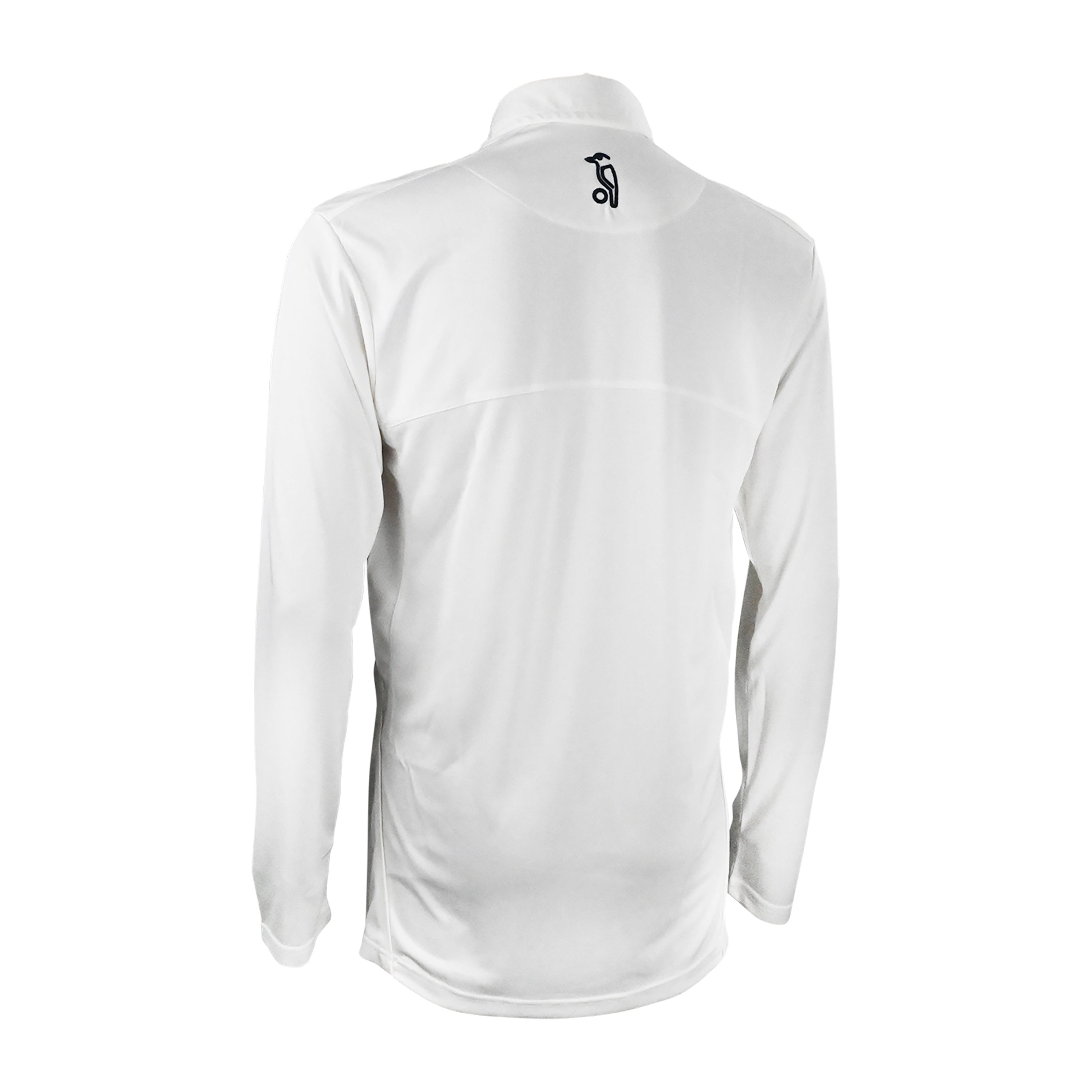 The Kookaburra Pro Player Long Sleeve Shirt by Kookaburra is a white, performance-fit top with a small black logo beneath the back collar, made from smooth, moisture-wicking fabric for comfort.