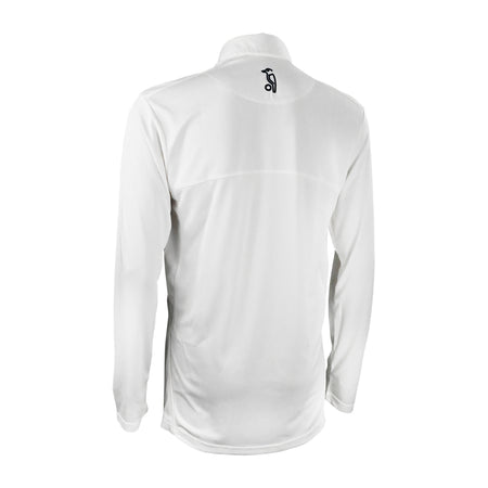 The Kookaburra Pro Player Long Sleeve Shirt by Kookaburra is a white, performance-fit top with a small black logo beneath the back collar, made from smooth, moisture-wicking fabric for comfort.