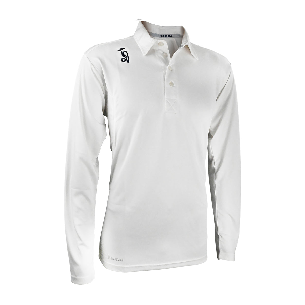 The Kookaburra Pro Player Long Sleeve Shirt by Kookaburra is a white collared cricket shirt with neck buttons, a small black shoulder logo, and moisture-wicking fabric, shown on a plain white background.