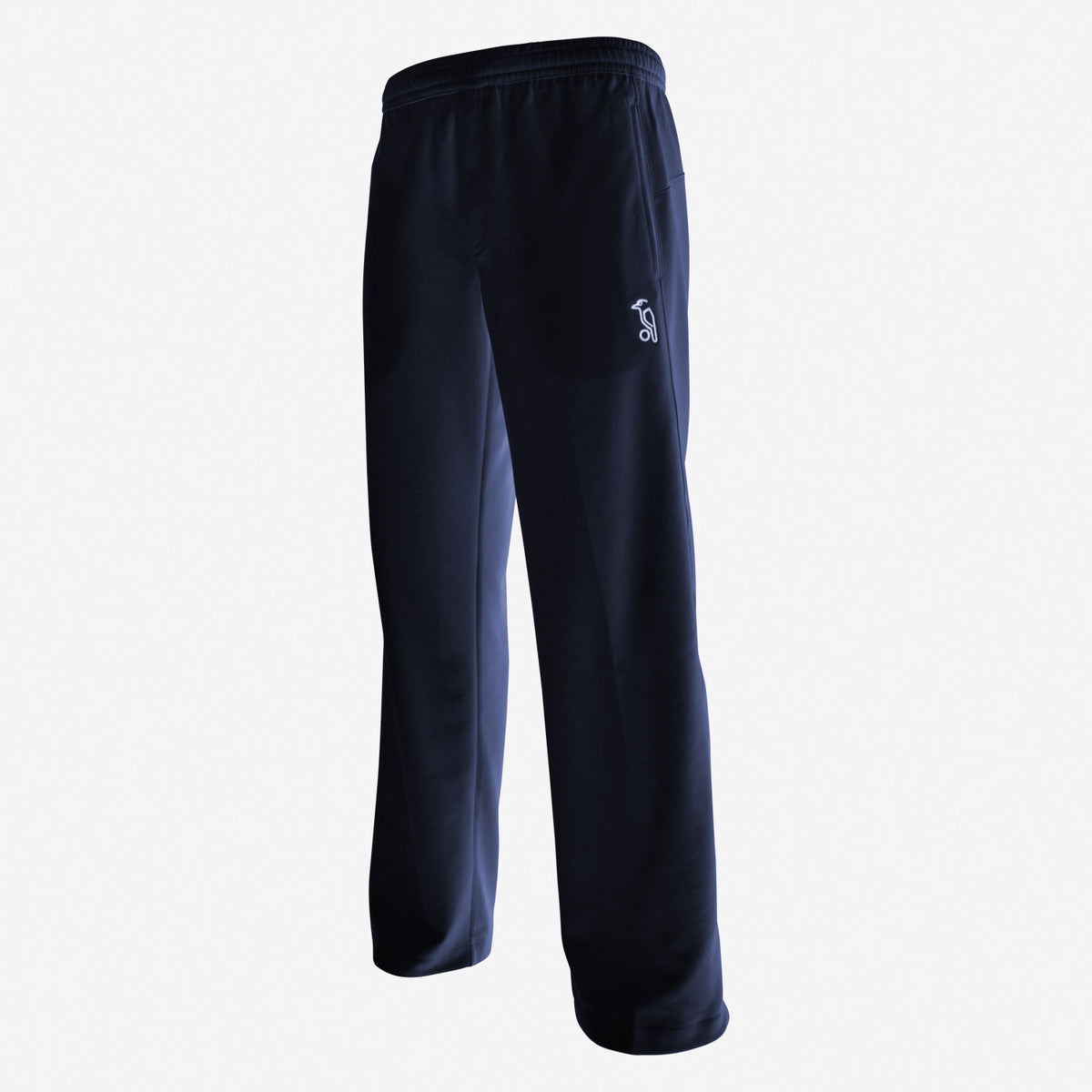Kookaburra Pro Player Navy Match Trousers - Senior by Kookaburra feature Stay Cool Technology, elastic waistband, stretch fabric, and a small white logo on the left thigh, shown against a plain white background.