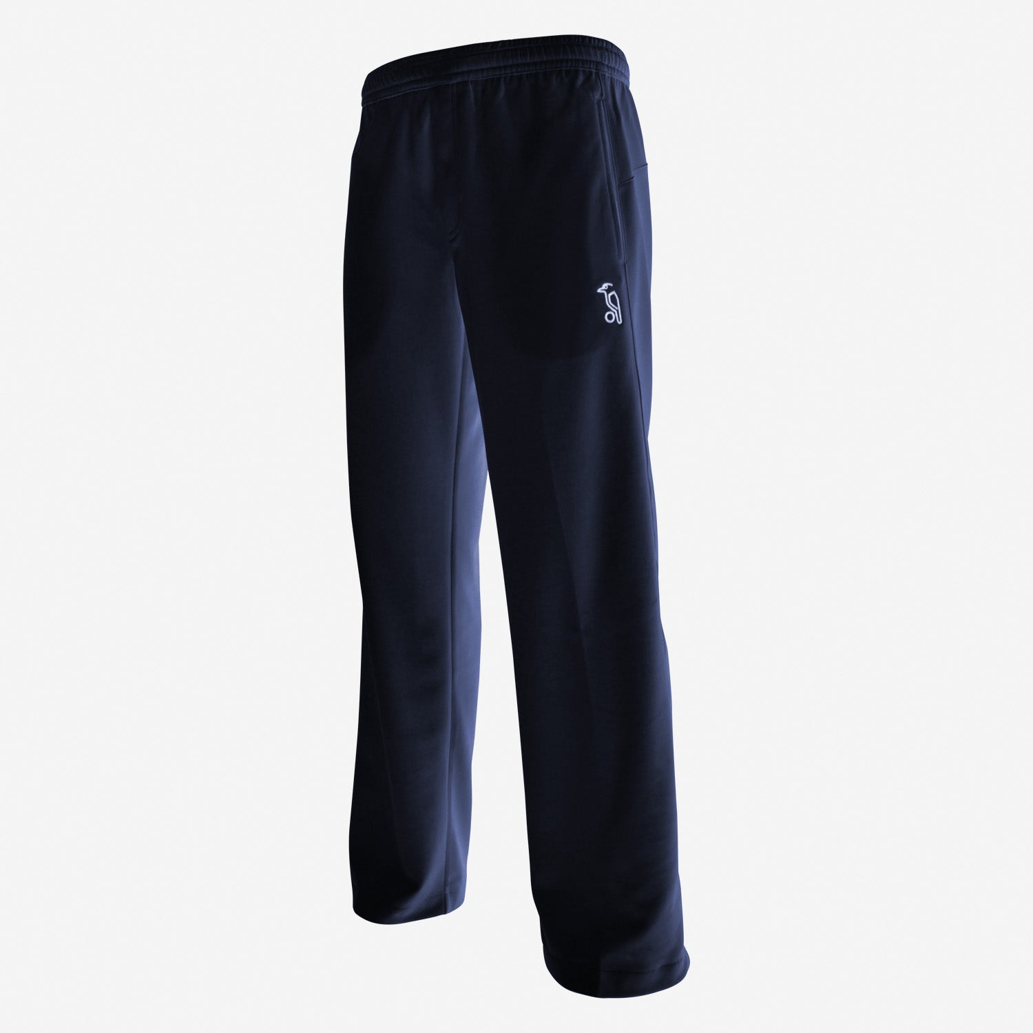 Kookaburra Pro Player Navy Match Trousers - Senior by Kookaburra feature Stay Cool Technology, elastic waistband, stretch fabric, and a small white logo on the left thigh, shown against a plain white background.
