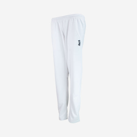 Kookaburra Ladies Pro Player Cricket Trousers, made from stretch fabric with an elastic waistband and a small black logo on the left thigh. Stay Cool Technology keeps you comfortable. Shown on a plain white background.