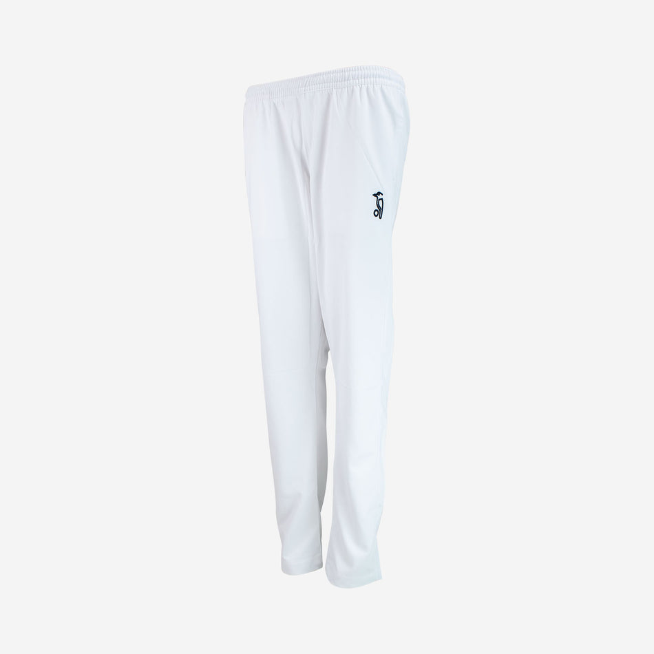 Kookaburra Ladies Pro Player Cricket Trousers, made from stretch fabric with an elastic waistband and a small black logo on the left thigh. Stay Cool Technology keeps you comfortable. Shown on a plain white background.