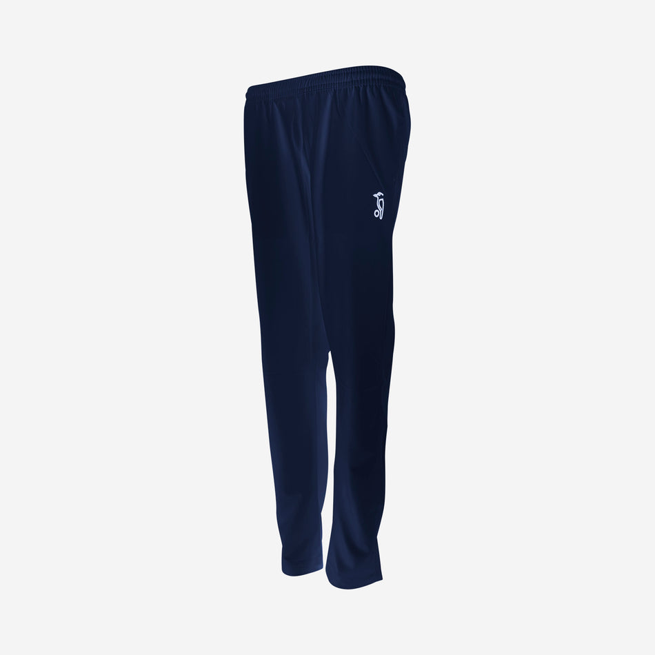 Kookaburra Pro Player Navy Cricket Trousers for ladies by Kookaburra, featuring stretch fabric, an elastic waistband, and a small white logo on the left thigh, shown against a plain white background.