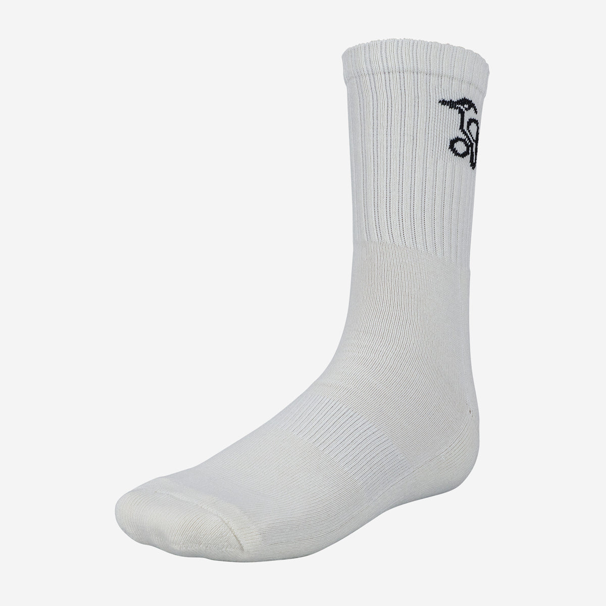 A single cream Kookaburra Cricket Sock featuring ribbed cuffs, a cushioned sole, and a black abstract logo near the top is displayed against a plain white background.