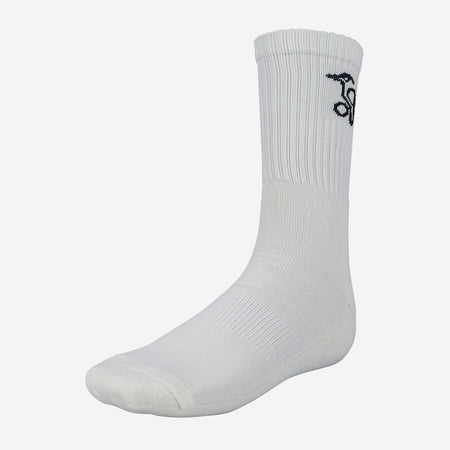 A single cream Kookaburra Cricket Sock featuring ribbed cuffs, a cushioned sole, and a black abstract logo near the top is displayed against a plain white background.