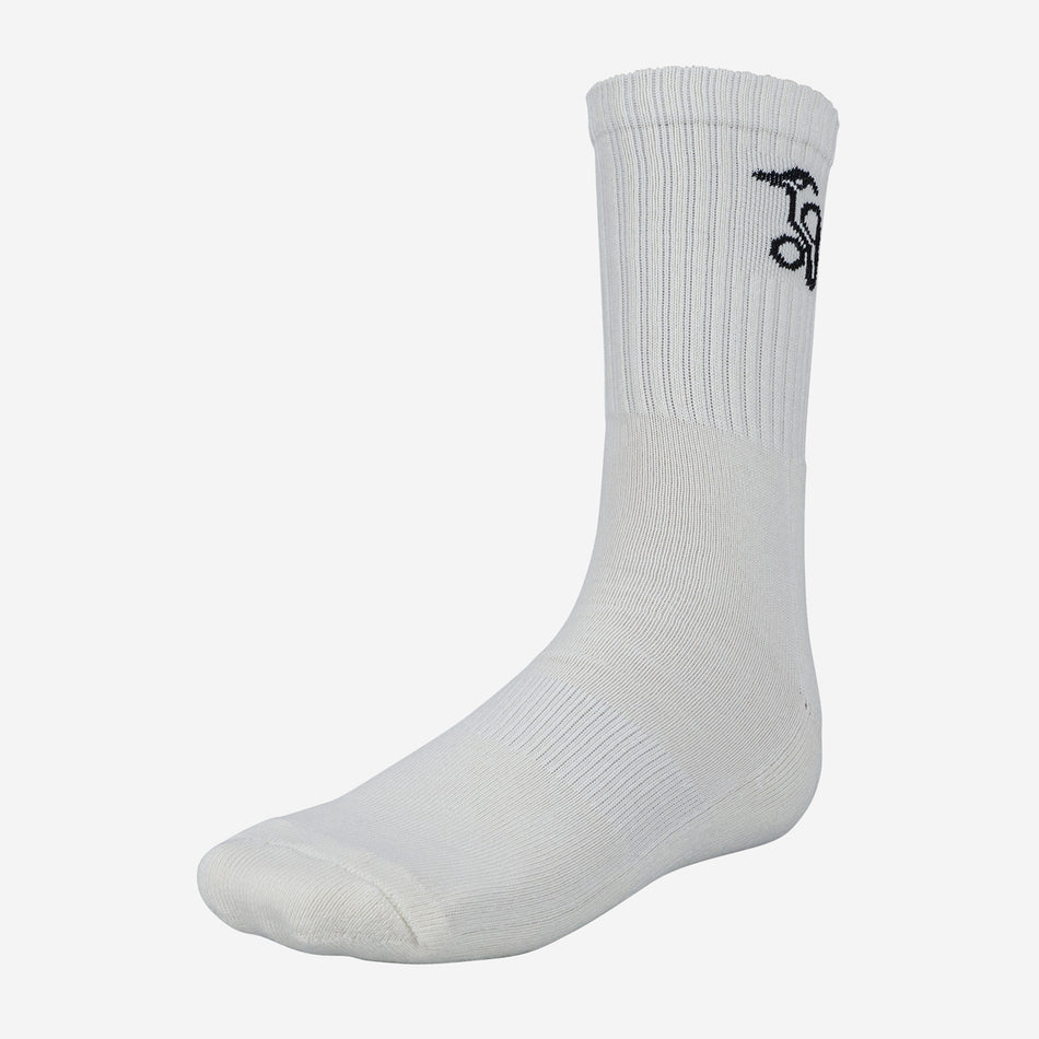 A single cream Kookaburra Cricket Sock featuring ribbed cuffs, a cushioned sole, and a black abstract logo near the top is displayed against a plain white background.