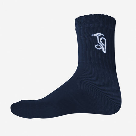 The Kookaburra Cricket Sock in navy features a ribbed cuff, white embroidered logo with stylized letters and bird, and a cushioned sole for comfort. Displayed on a white background, it’s designed by Kookaburra for professional quality.