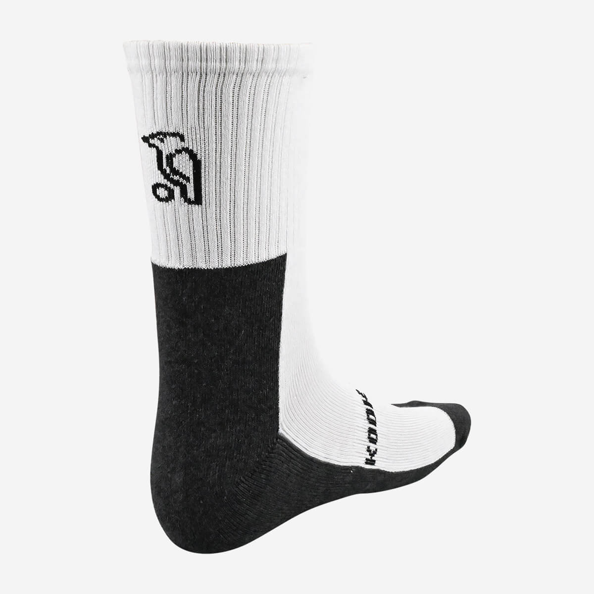 The Kookaburra Air Flex Cricket Socks (Two Pack) by Kookaburra feature moisture management to keep feet dry and comfortable all day, with ribbed uppers, black toe and heel, and a stylized golfer logo near the top.