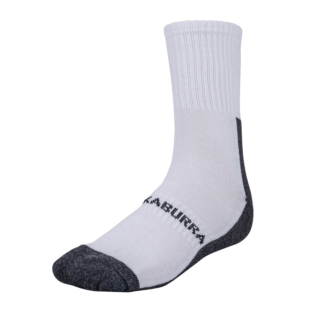 The Kookaburra Air Flex Sock is a white cricket sock with a cushioned sole, black cushioned heel and toe, ribbed ankle detail, and black Kookaburra text on the side. Displayed on an invisible foot mannequin. Brand: Kookaburra.