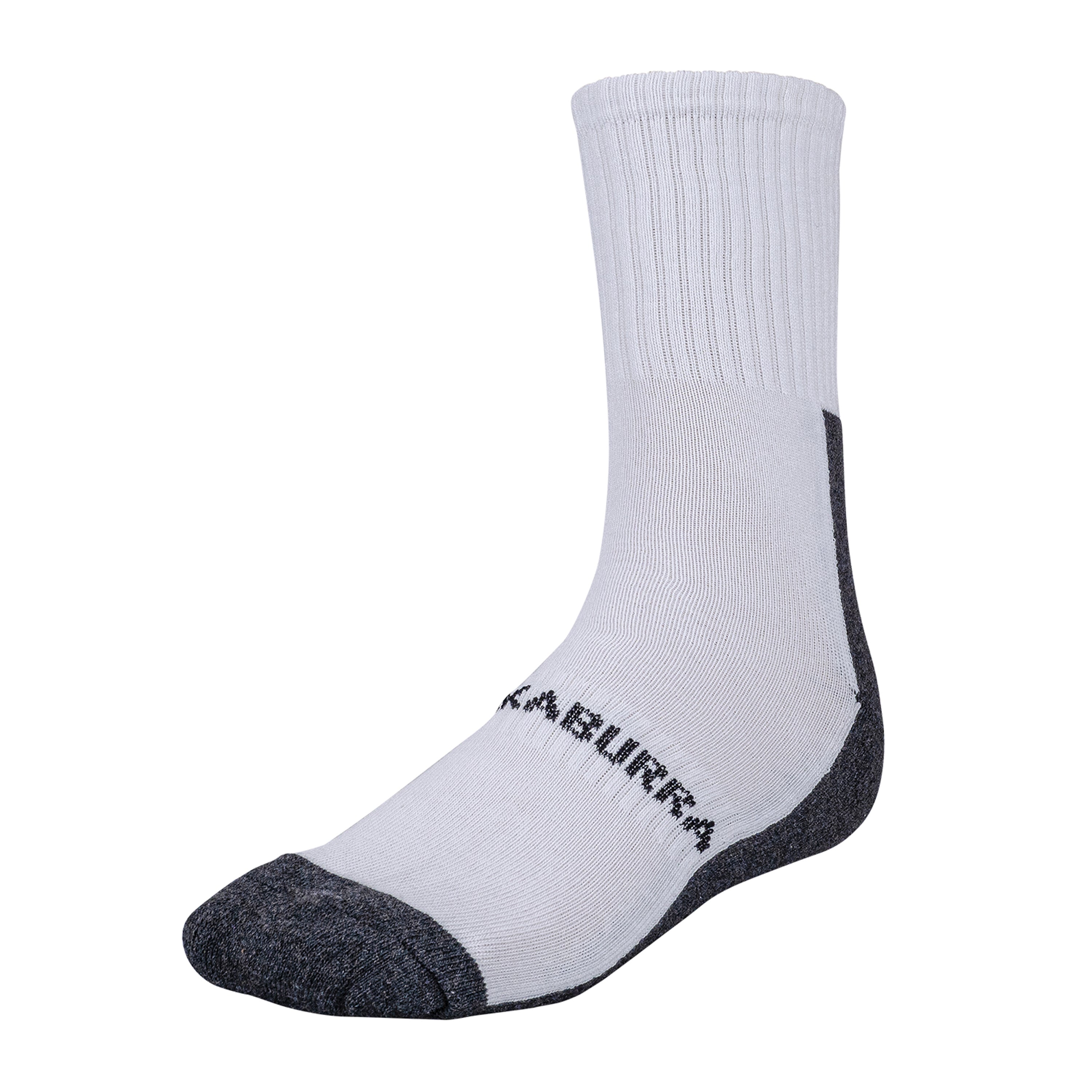 The Kookaburra Air Flex Sock is a white cricket sock with a cushioned sole, black cushioned heel and toe, ribbed ankle detail, and black Kookaburra text on the side. Displayed on an invisible foot mannequin. Brand: Kookaburra.