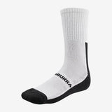 A pair of Kookaburra Air Flex Cricket Socks by Kookaburra, in white with black toes and heels, ribbed cuffs, and "Kookaburra" branding on the sole, displayed against a plain white background.