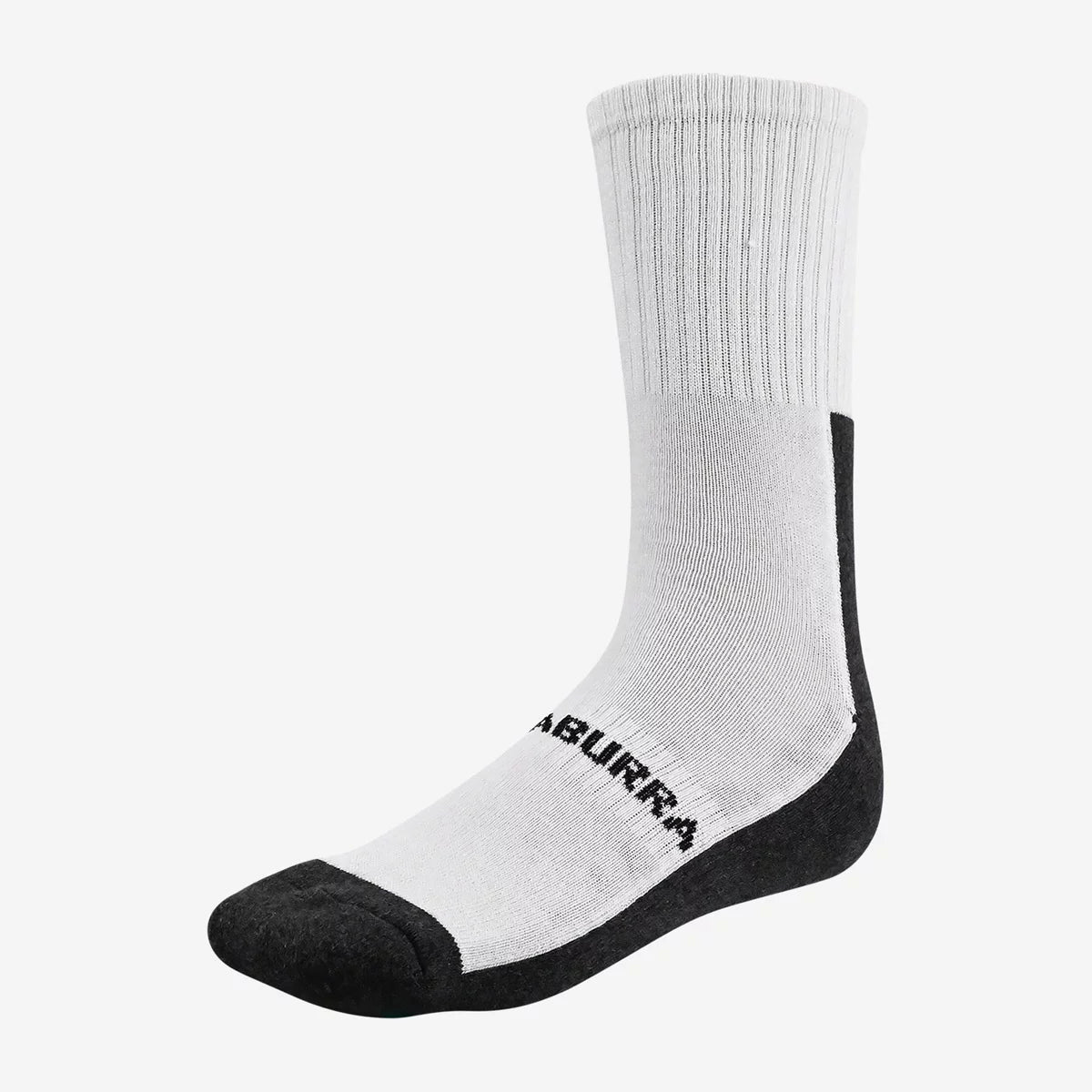 A pair of Kookaburra Air Flex Cricket Socks by Kookaburra, in white with black toes and heels, ribbed cuffs, and "Kookaburra" branding on the sole, displayed against a plain white background.