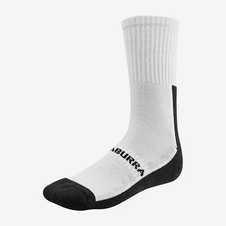 A pair of Kookaburra Air Flex Cricket Socks by Kookaburra, in white with black toes and heels, ribbed cuffs, and "Kookaburra" branding on the sole, displayed against a plain white background.