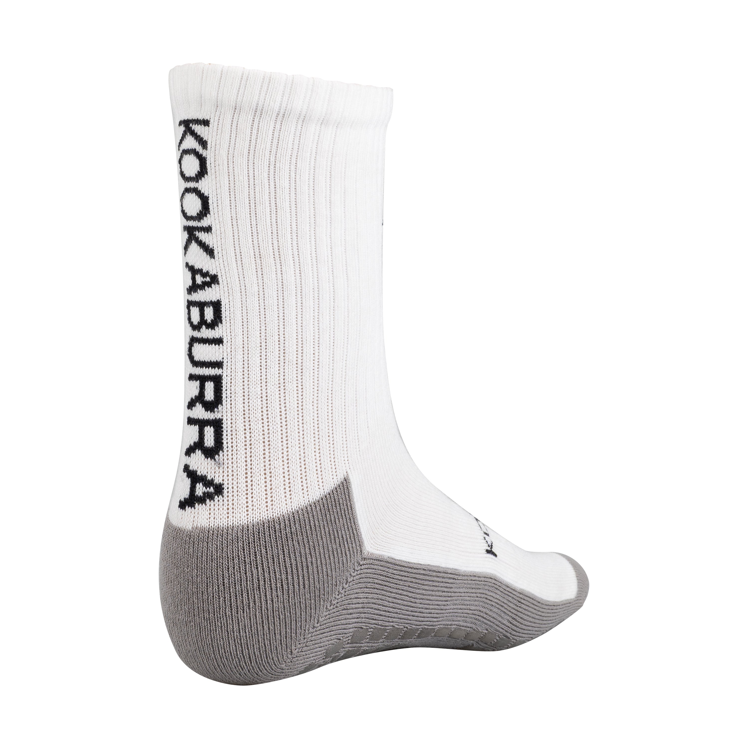 The Kookaburra Grip Socks are white and gray athletic cricket socks featuring KOOKABURRA in black along the side, reinforced gray heel and toe areas, and a cushioned sole for comfort during active play.