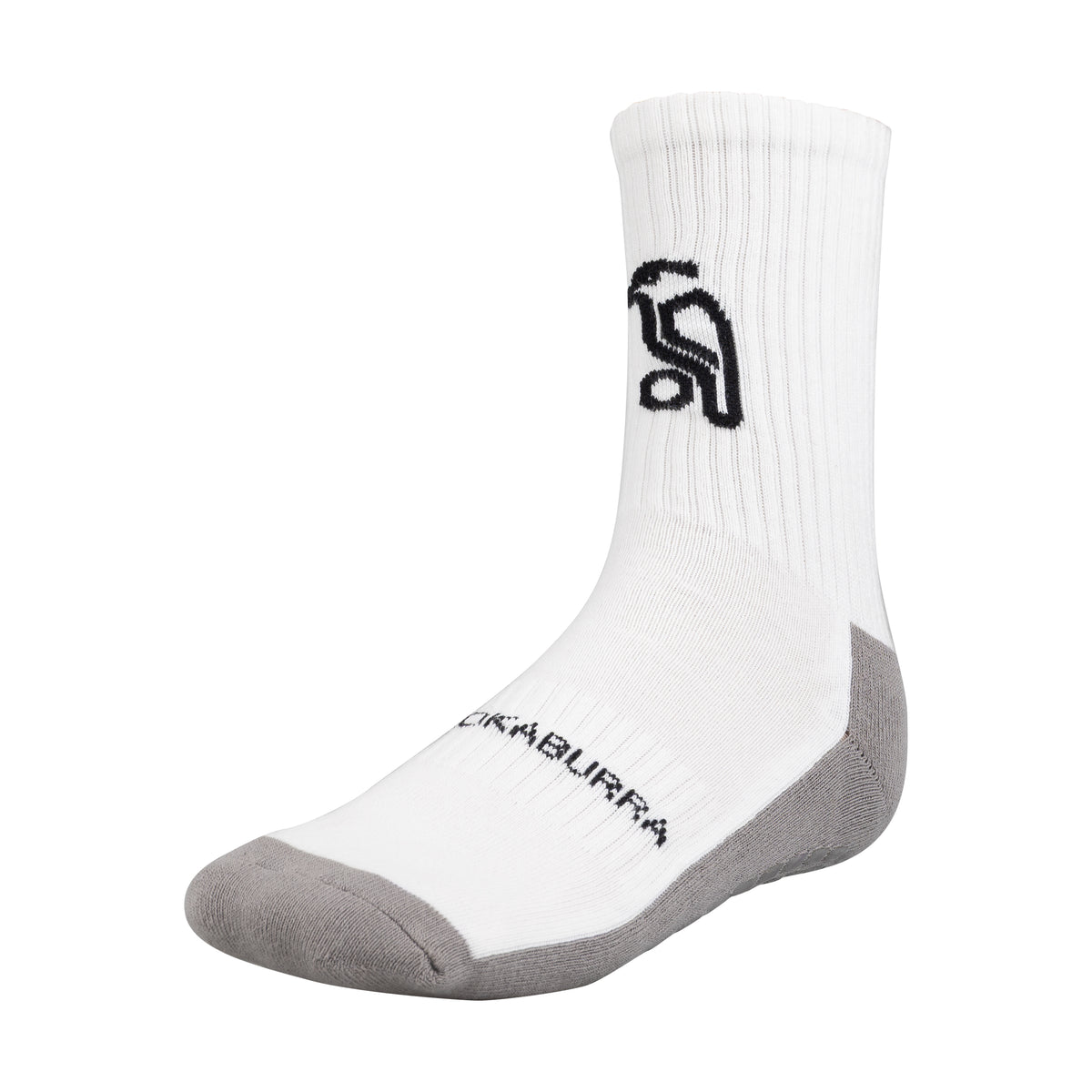 The Kookaburra Grip Socks are white with gray toes and heels, a cushioned sole, black abstract logo on the side, and KOOKABURRA across the foot. Ideal cricket socks by Kookaburra, shown on a plain white background.