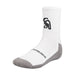 The Kookaburra Grip Socks are white with gray toes and heels, a cushioned sole, black abstract logo on the side, and KOOKABURRA across the foot. Ideal cricket socks by Kookaburra, shown on a plain white background.