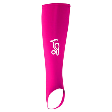 The Kookaburra Hockey Shin Sleeves by Kookaburra, in pink with a white bird logo and stirrup design, offer athletic or medical support inspired by traditional shin guard sleeves.