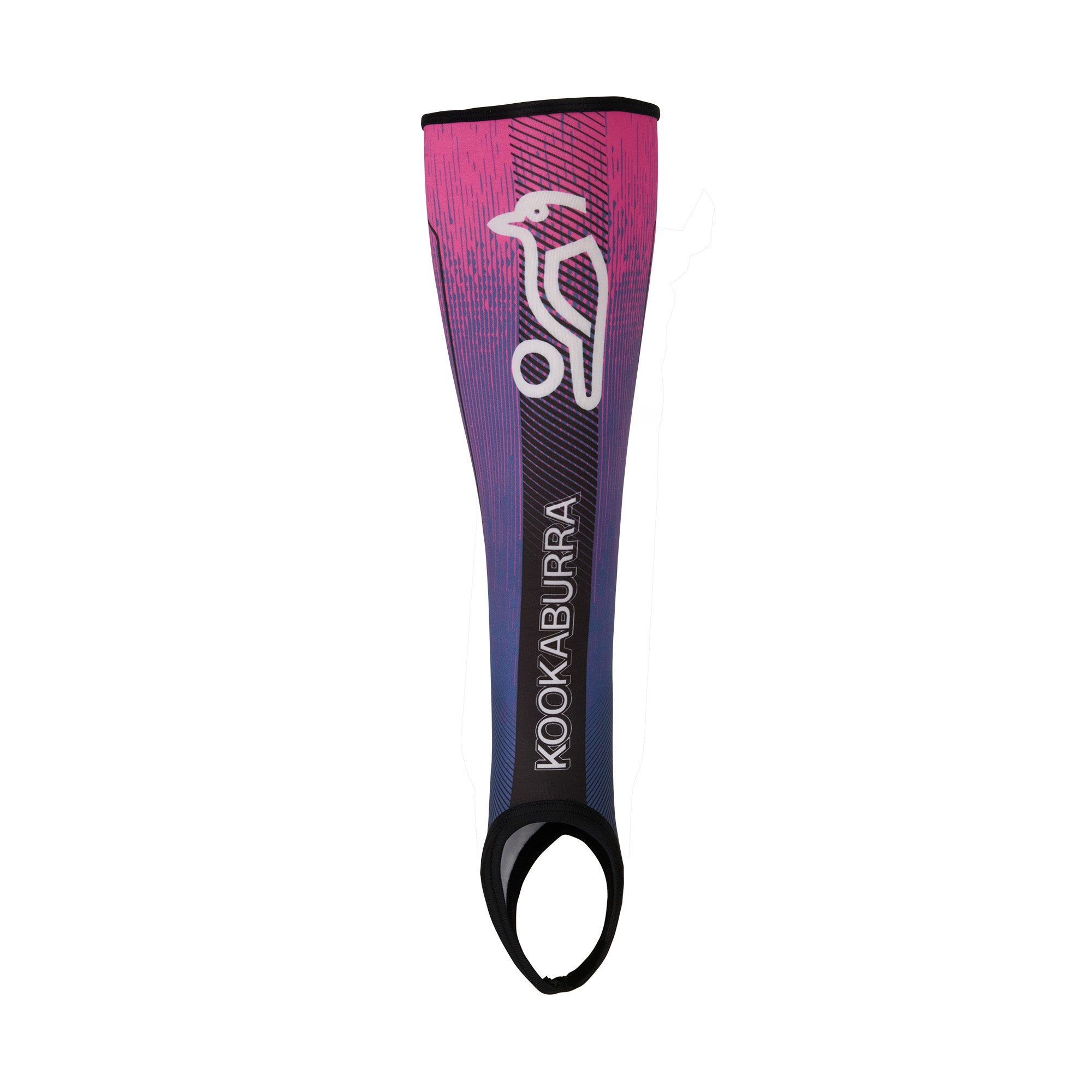 The Kookaburra Hockey Shin Sleeves by Kookaburra in Burst color feature a gradient design, white logo and branding, black trim, and a convenient stirrup opening for the foot.