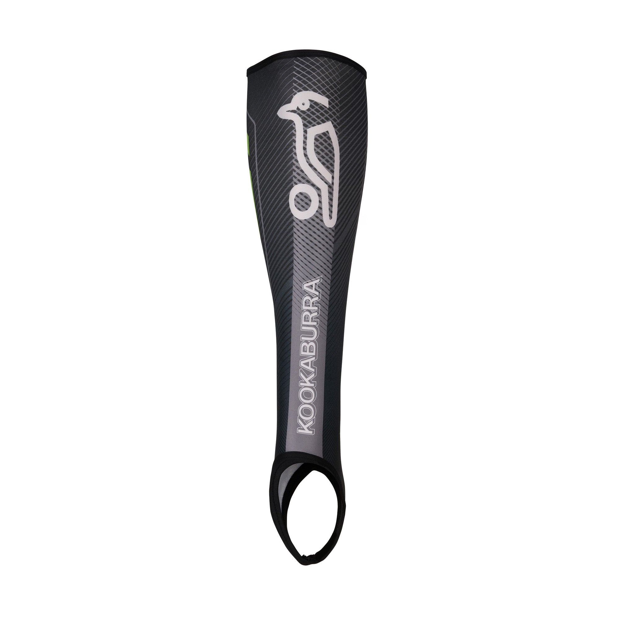 A single Kookaburra Hockey Shin Sleeve in slate, featuring a stylized bird logo, "KOOKABURRA" printed vertically in white, and a stirrup design with an elastic foot strap for secure sports protection.