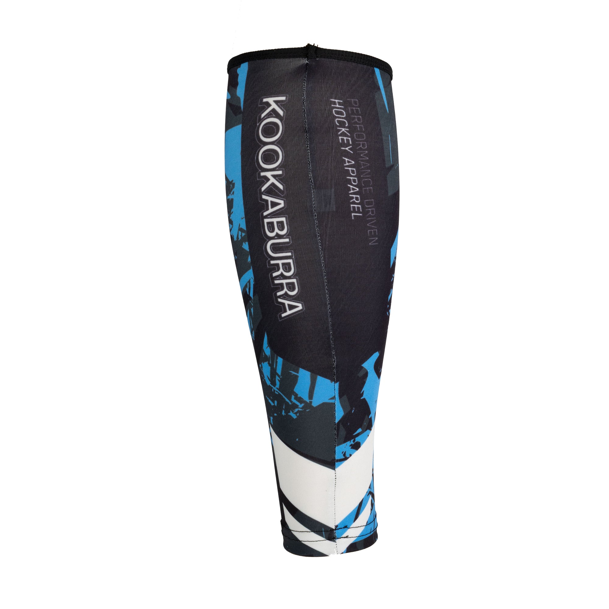 The Kookaburra Hockey Shin Sleeves – No Stirrups feature a blue, black, and white design with KOOKABURRA branding, offering a secure, comfortable fit with polyester soccer socks for performance-driven hockey apparel.