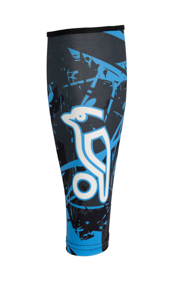 The Kookaburra Hockey Shin Sleeves - No Stirrups by Kookaburra in Bolt Blue feature a bold white kangaroo logo with abstract blue splatter designs, offering comfortable protection as shin guard sleeves for soccer or use with polyester socks.
