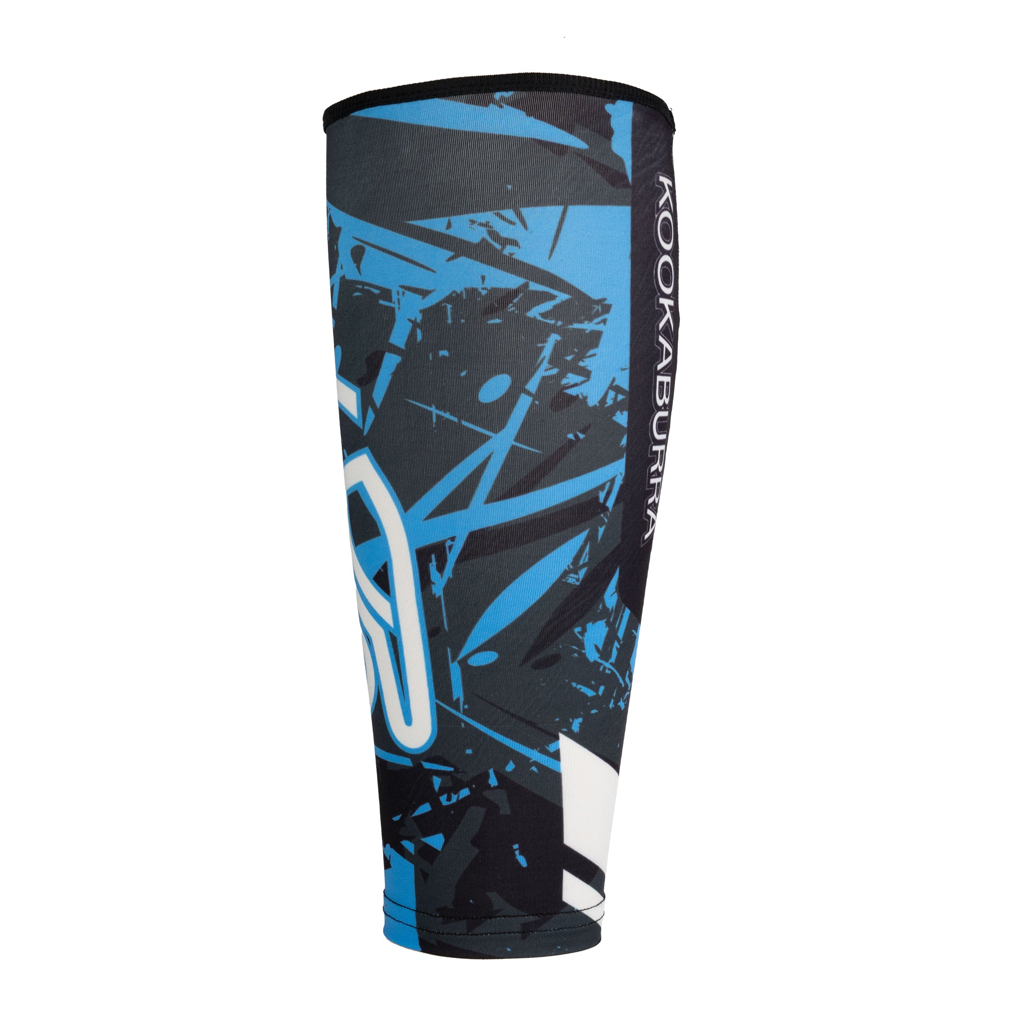 The Kookaburra Hockey Shin Sleeves - No Stirrups feature a blue, black, and white pattern with 'Kookaburra' printed vertically—perfect for extra comfort as shin guard sleeves during play.