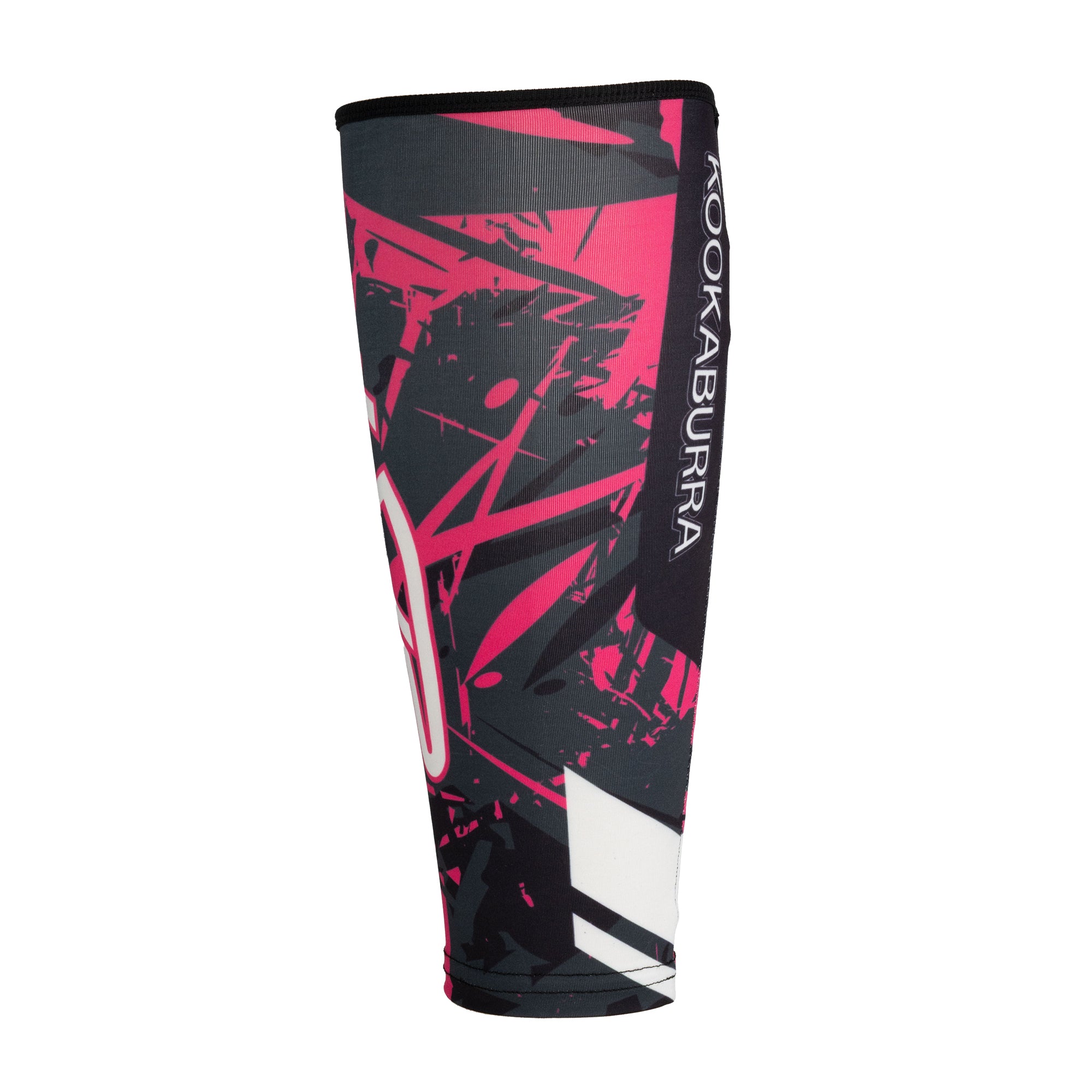 The Kookaburra Hockey Shin Sleeves - No Stirrups feature black, pink, and white abstract patterns with "KOOKABURRA" printed vertically—offering comfortable shin protection for hockey or other sports.