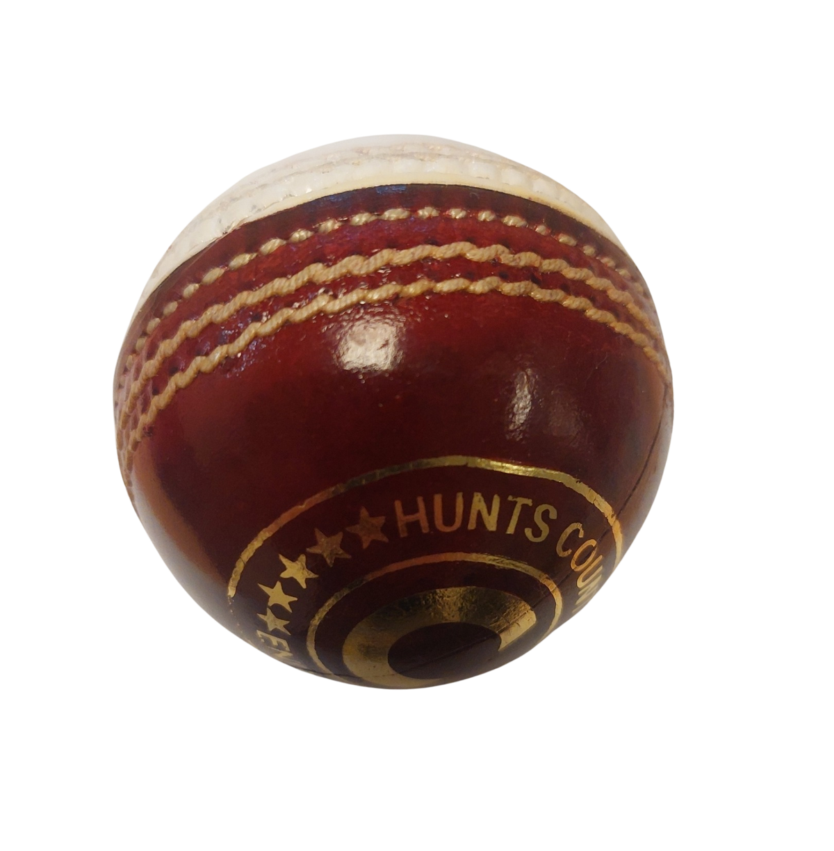 The Hunts County Club Training Ball (Red/White) features red leather with white stitching and gold Hunts County lettering, ideal for swing or spin practice. Shown against a plain white background.