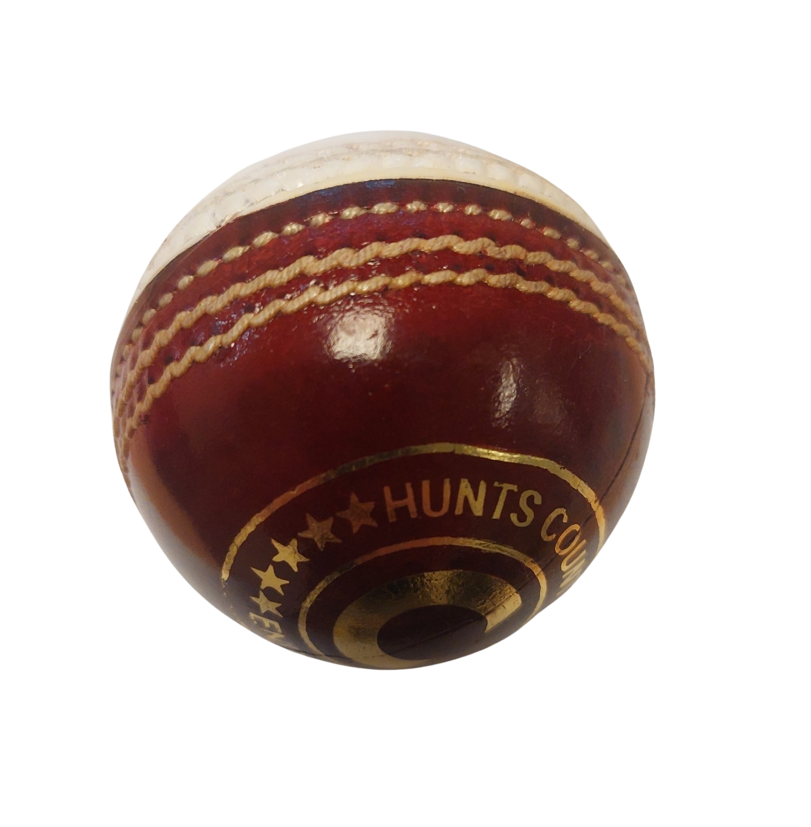 The Hunts County Club Training Ball (Red/White) features red leather with white stitching and gold Hunts County lettering, ideal for swing or spin practice. Shown against a plain white background.