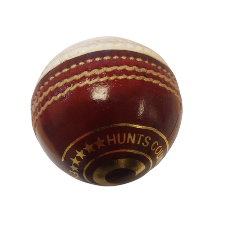 The Hunts County Club Training Ball (Red/White) features red leather with white stitching and gold Hunts County lettering, ideal for swing or spin practice. Shown against a plain white background.