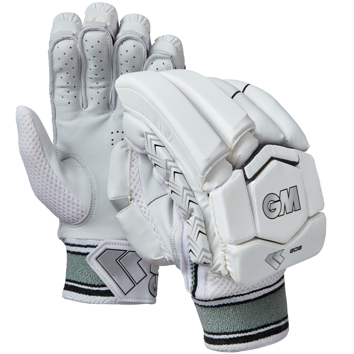 Gunn & Moore 808 Batting Gloves 2025 feature white calf leather palms, padded fingers for protection, black GM branding, grey accents, and elastic wristbands with green and black stripes. One glove displays the palm; the other shows the back.
