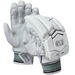 Gunn & Moore 808 Batting Gloves 2025 feature white calf leather palms, padded fingers for protection, black GM branding, grey accents, and elastic wristbands with green and black stripes. One glove displays the palm; the other shows the back.